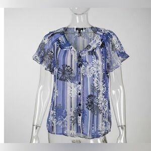 Women's East 5th Blouse Semi Sheer Blue Purple Floral  Flutter Sleeve Size L